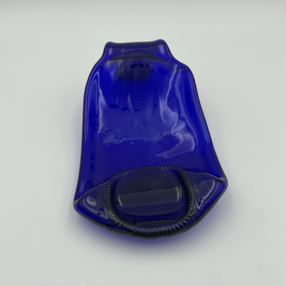 Glass Spoon Rest- Cobalt Blue Hand Melted Flat Bottle Spoon Rest 8" Trinket Tray - Picture 3 of 13